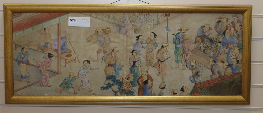 Chinese School, hand coloured print, Musicians beside a market place, 35 x 97cm